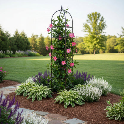extra tall chic farming obelisk trellis supporting climbing flowers in landscaped garden