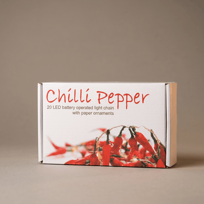H Potter Chilli Pepper LED String Lights retail packaging featuring red chilli pepper paper ornaments and 20 battery-operated lights.