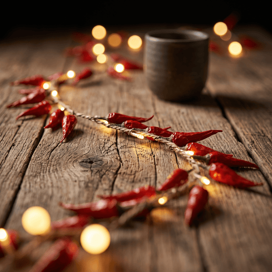 h potter Red chili pepper string lights with warm glowing bulbs draped across a rustic wooden table, with a dark ceramic mug blurred in the background.