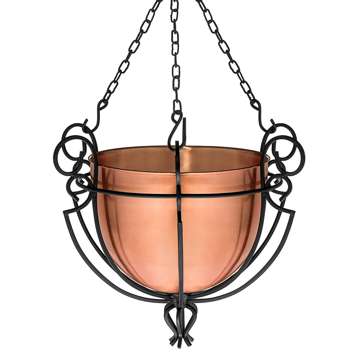 H Potter copper Hanging Planter Basket with black metal frame and chain on white