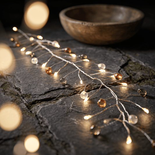 h Potter warm white fairy string lights with clear and amber glass beads draped across a dark stone surface, with a wooden bowl blurred in the background.