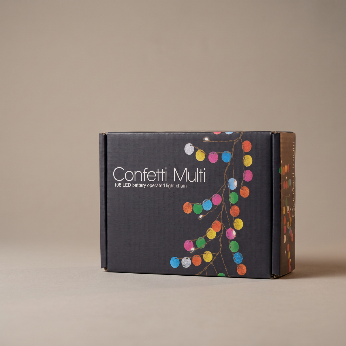H Potter Confetti Multi LED String Lights retail packaging featuring colorful round ornaments and 108 battery-operated LEDs.