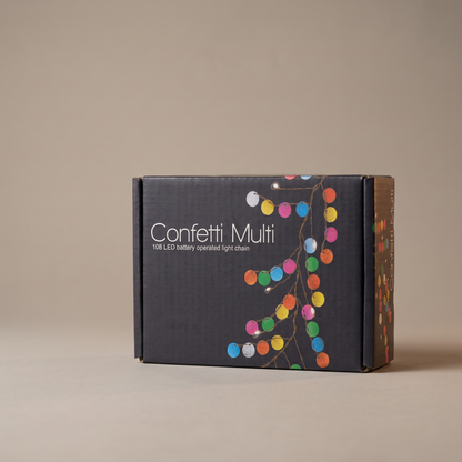 H Potter Confetti Multi LED String Lights retail packaging featuring colorful round ornaments and 108 battery-operated LEDs.