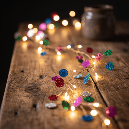 H Potter multicolor glitter Christmas string lights draped across a rustic wooden table, with warm glowing fairy lights and colorful round ornaments in red, blue, green, pink, and purple.