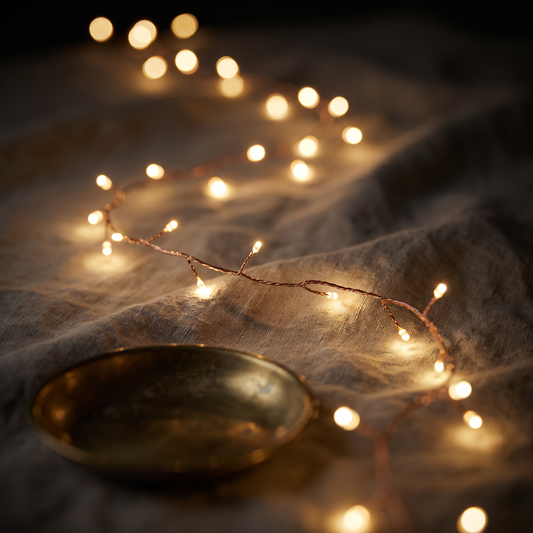 h potter Warm white LED fairy string lights draped across a textured beige fabric surface, with a small dark metal bowl in the foreground and soft bokeh light effects in the background.