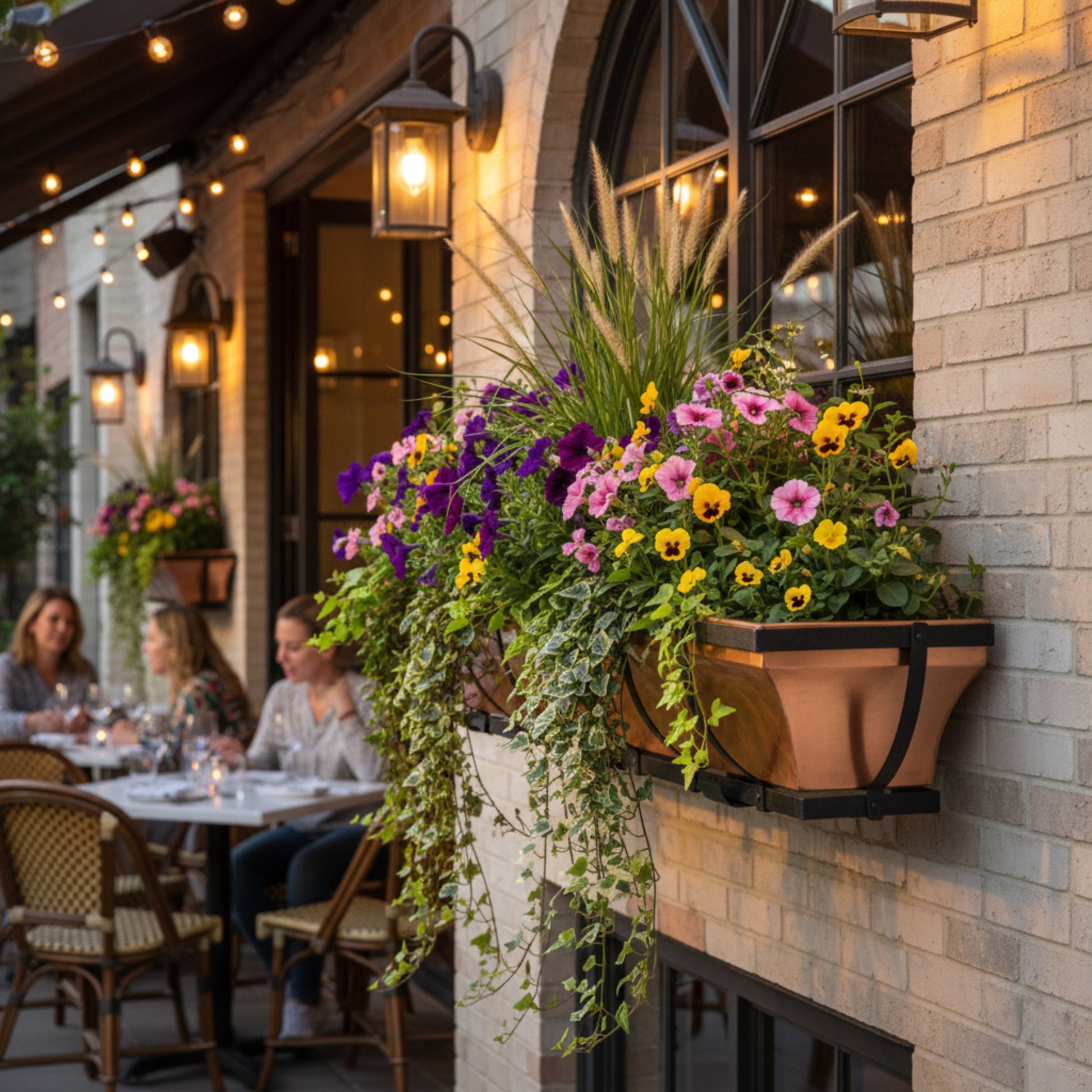 Outdoor dining area with floral planters on a brick wall