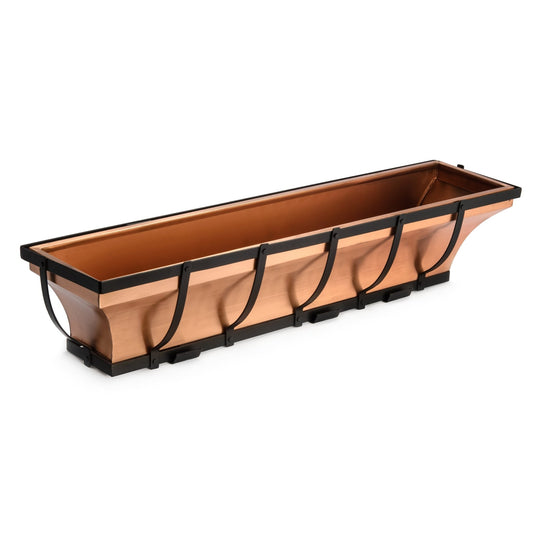 Handcrafted copper window box with black metal brackets designed for elegant outdoor mounting on homes, decks, or garden walls.