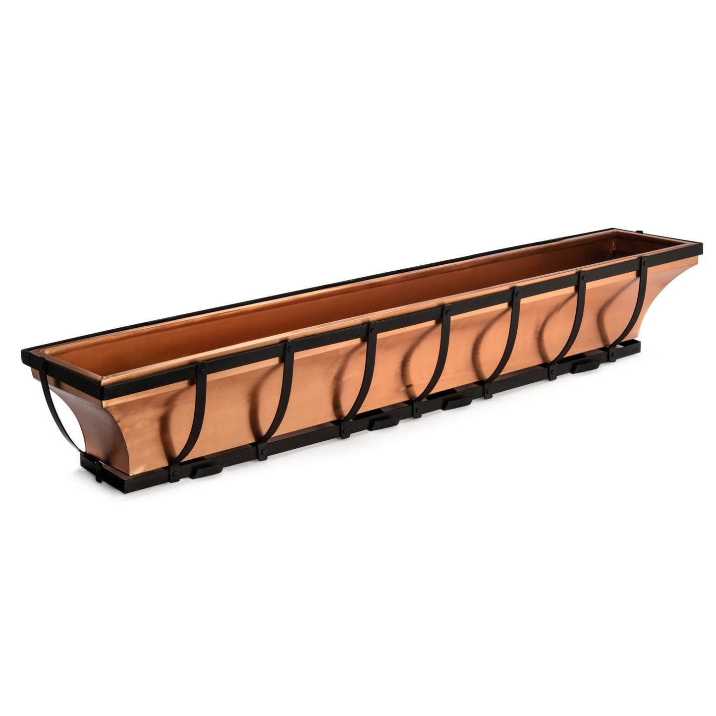 Copper window box planter with black powder-coated mounting brackets for outdoor use.