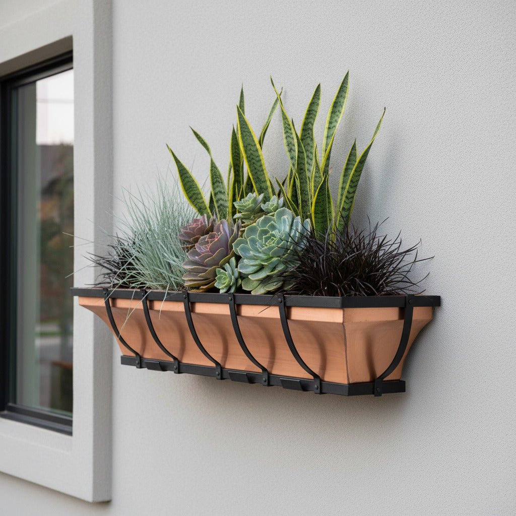 H Potter copper window box on a modern home with echeveria, blue fescue, snake plant and black mondo grass