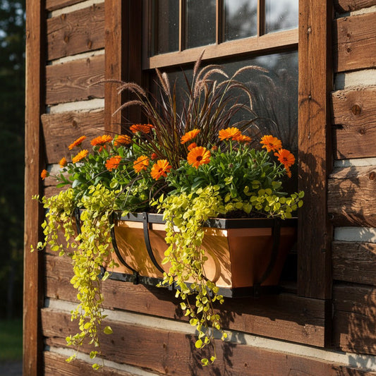 Copper window box on a wooden house with orange calendula and purple fountain grass