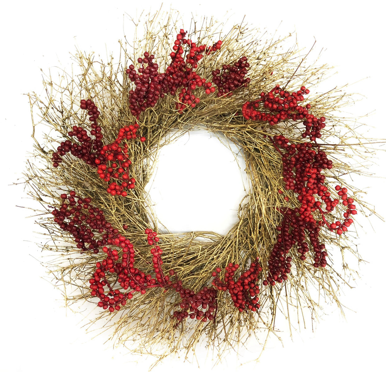 H Potter crimson gold rustic holiday wreath made of natural tan branches with clusters of bright red berries, photographed against a solid white background.