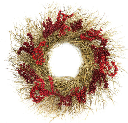 H Potter crimson gold rustic holiday wreath made of natural tan branches with clusters of bright red berries, photographed against a solid white background.
