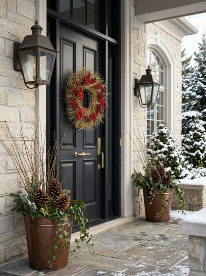H Potter crimson gold wreath hangs on a black front door of a stone house, flanked by two copper planters with pinecones and greenery on a snowy porch.