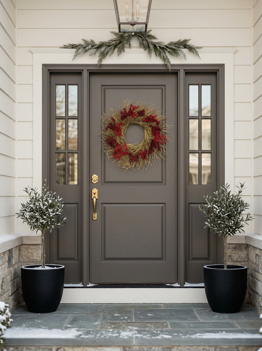 H Potter crimson gold wreath at front entryway with a dark gray double door and matching side panels, decorated with a red berry wreath on the center door, a green garland above, and two potted snow-dusted plants on either side.