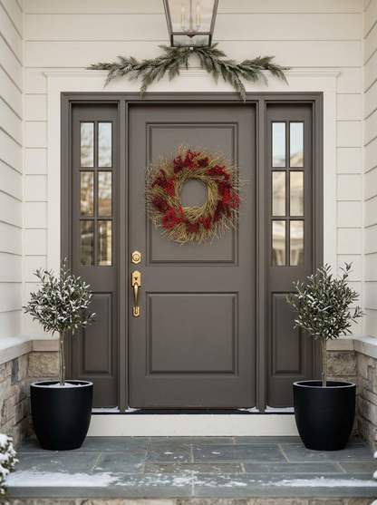 H Potter crimson gold wreath at front entryway with a dark gray double door and matching side panels, decorated with a red berry wreath on the center door, a green garland above, and two potted snow-dusted plants on either side.