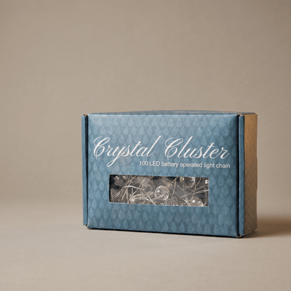 H Potter Crystal Cluster LED String Lights retail packaging showing 100 battery-operated warm white fairy lights with clear crystal-style decorative beads.