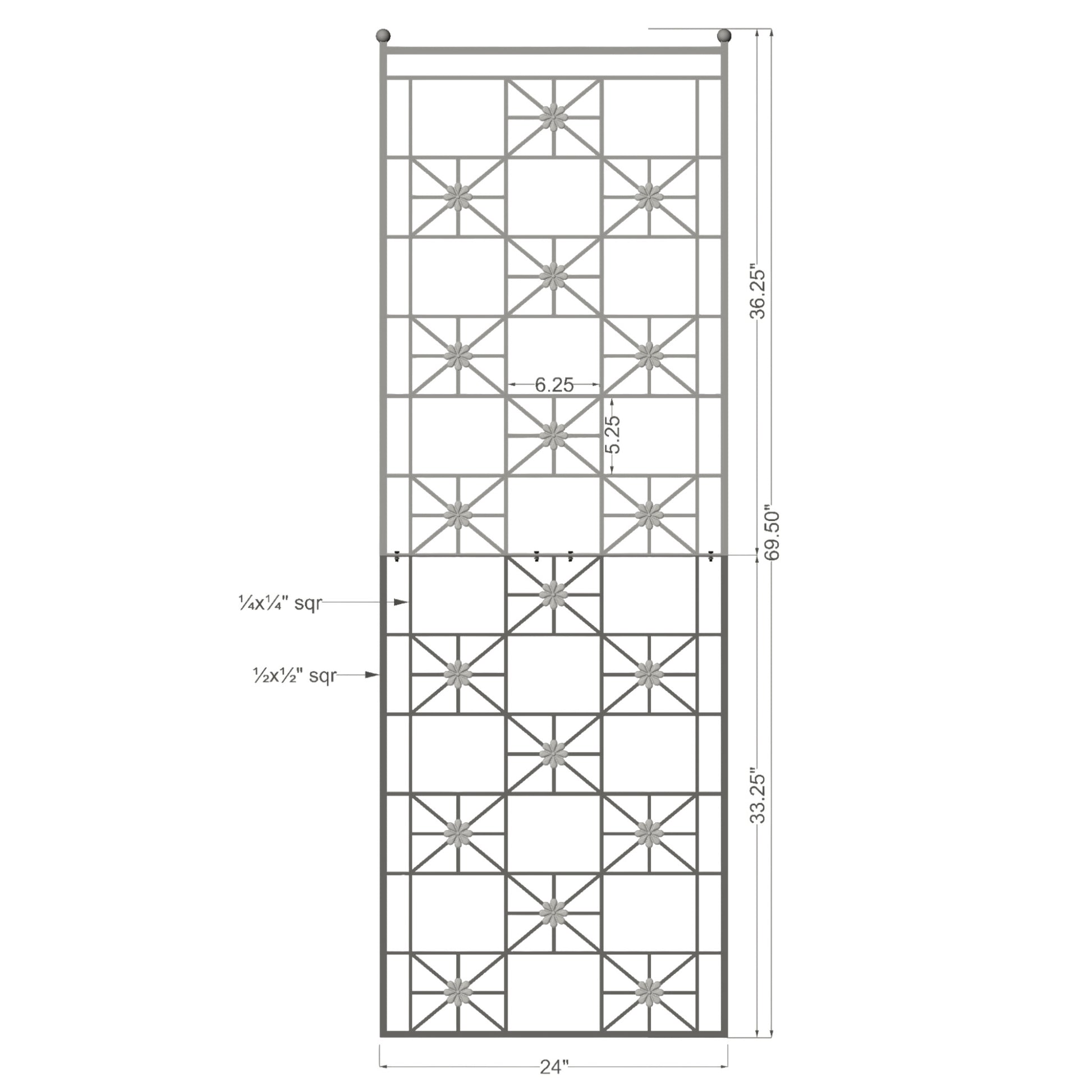 Technical drawing of a metal trellis with dimensions