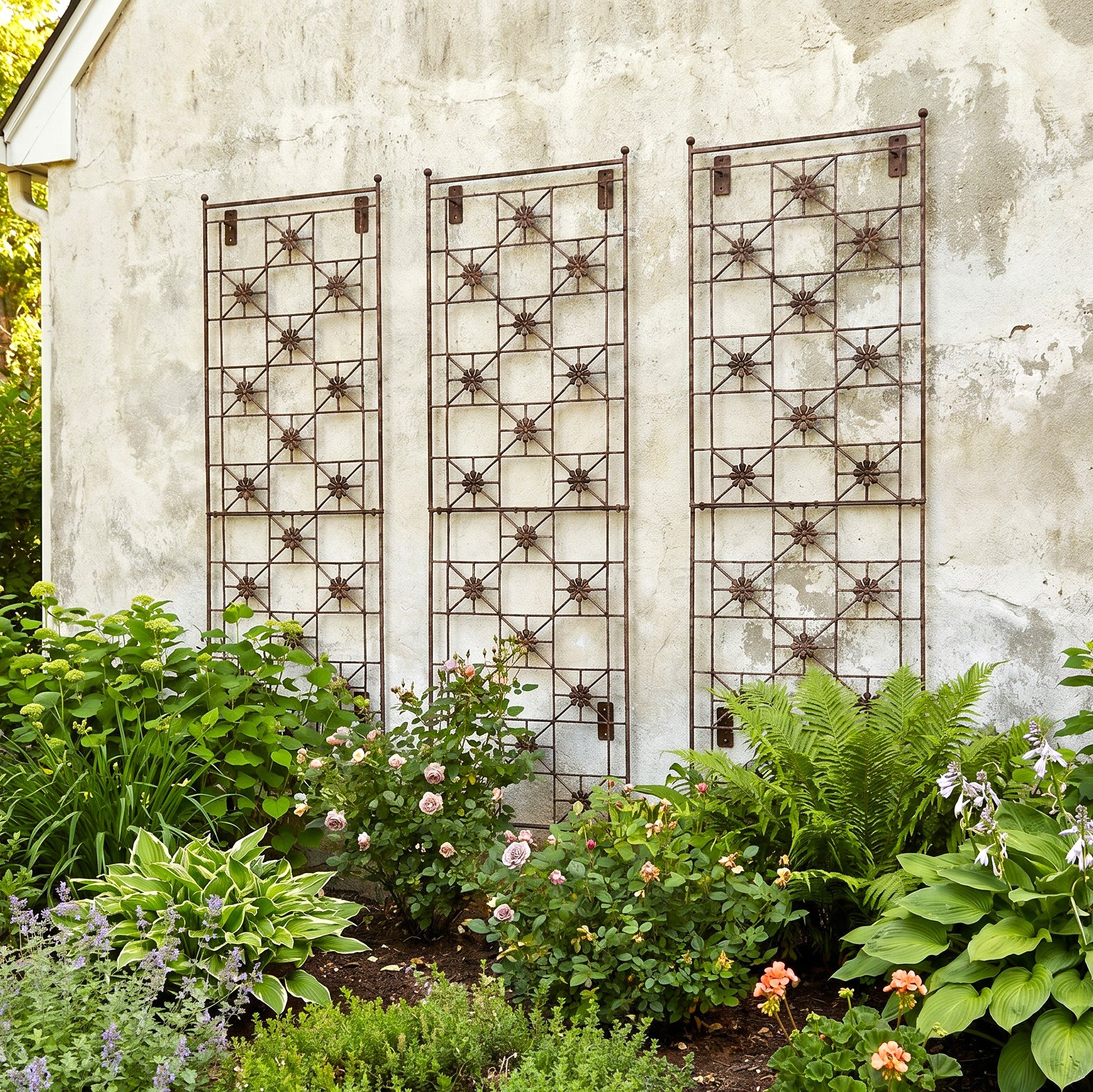 H Potter Delaney Wall Trellis - Set of 3 – 69" Tall Charcoal Brown finish on stucco house