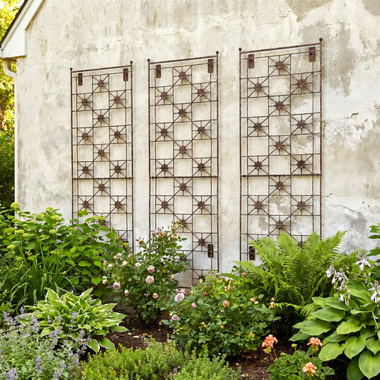 H Potter Delaney Wall Trellis - Set of 3 – 69" Tall Charcoal Brown finish on stucco house