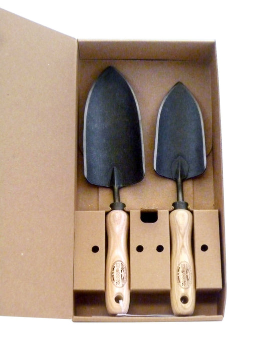 H Potter × DeWit 2-piece forged trowel gift set with Swedish boron steel blades and European ash handles, displayed on white background