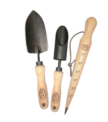 H Potter × DeWit 3-piece bulb planting tool set with forged steel trowel, bulb planter, and hardwood dibber for gardeners