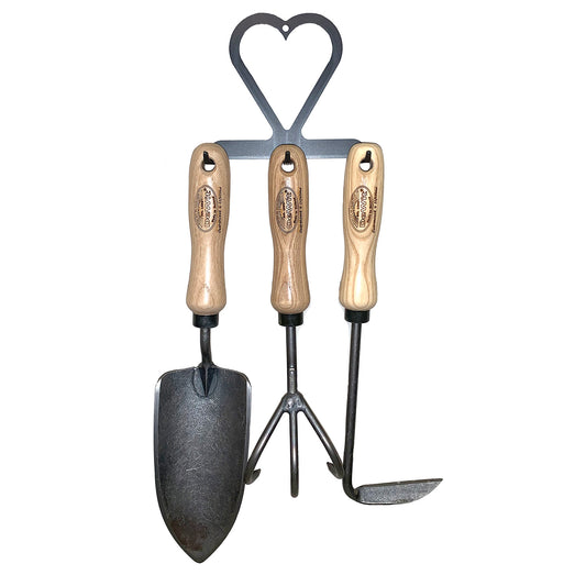 H Potter × DeWit 3-piece forged garden tool set with metal hanger, trowel, cultivator, and Cape Cod weeder