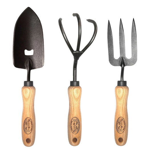 H Potter × DeWit Essentials for Dad 3-piece forged garden tool set with bottle opener trowel, hand fork, and 3-tine cultivator