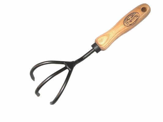 H Potter × DeWit 3-tine cultivator short handle forged boron steel with European ash hardwood handle