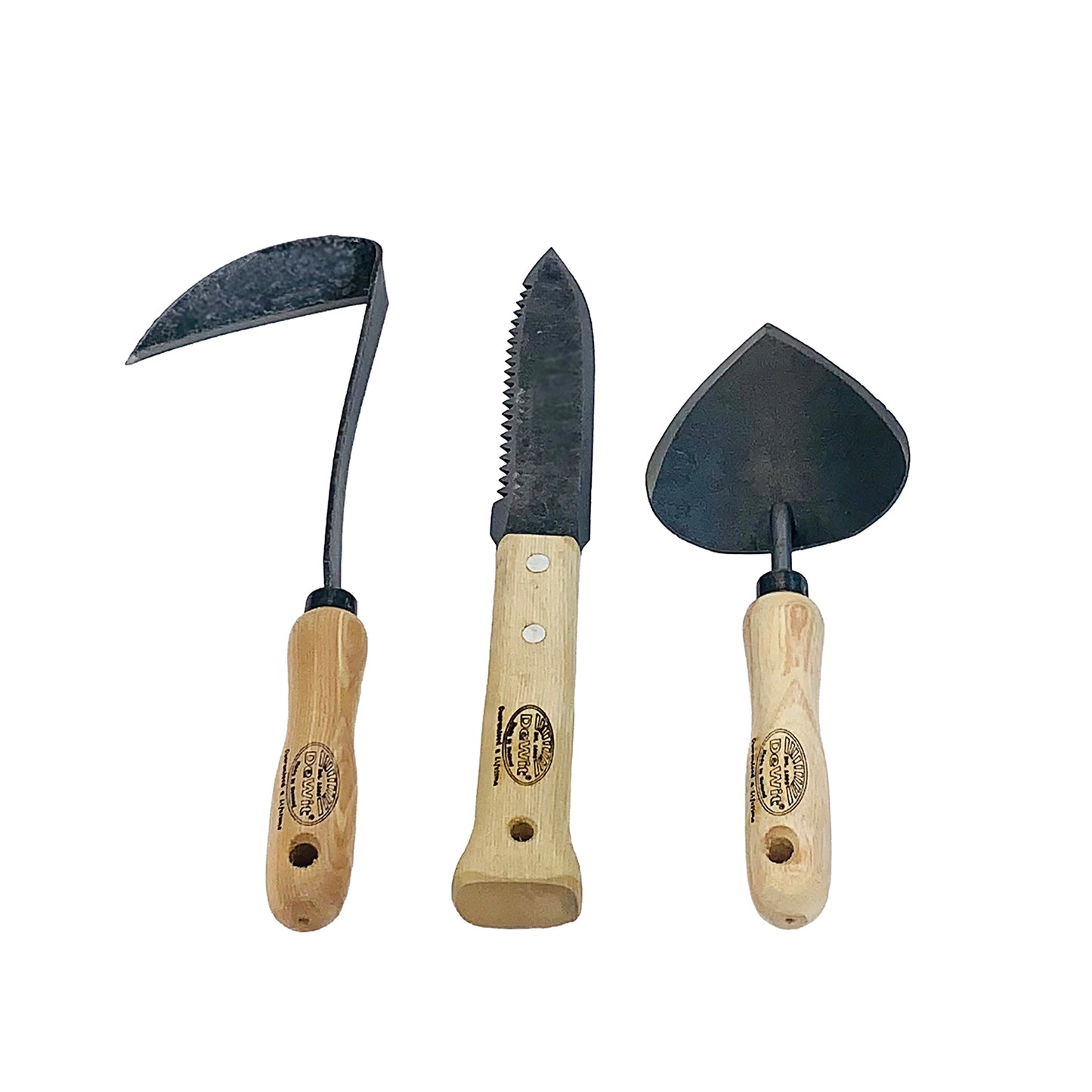 H Potter × DeWit 3-piece repotting and transplanting tool set with forged boron steel blades and European ash handles on white background