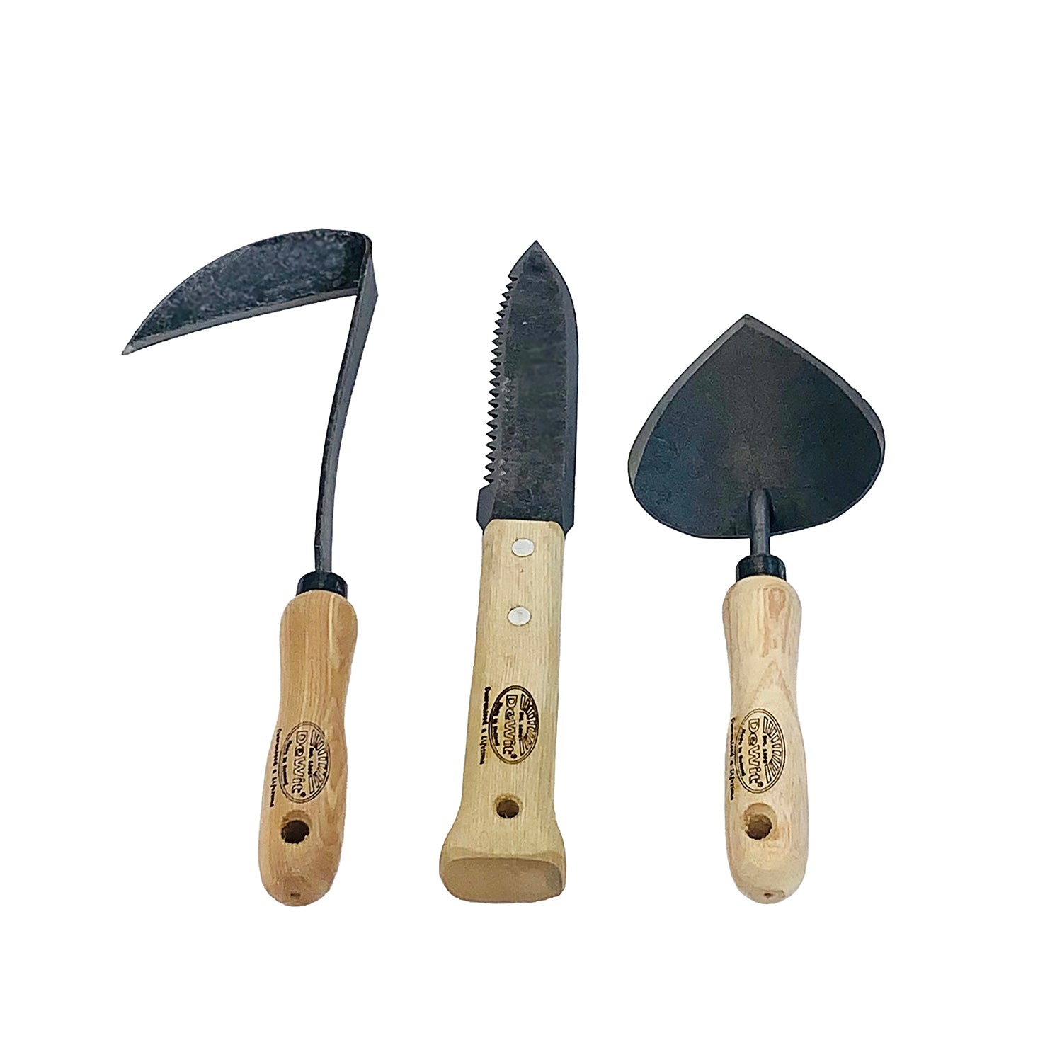 H Potter × DeWit 3-piece repotting and transplanting tool set with forged boron steel blades and European ash handles on white background
