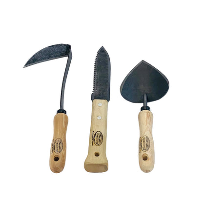 H Potter × DeWit 3-piece repotting and transplanting tool set with forged boron steel blades and European ash handles on white background