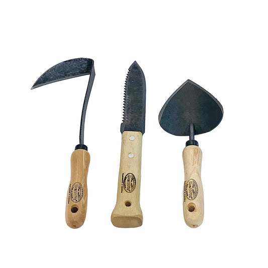 H Potter × DeWit 3-piece repotting and transplanting tool set with forged boron steel blades and European ash handles on white background