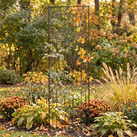 H Potter Diamond metal garden trellis with climbing vines in an autumn garden