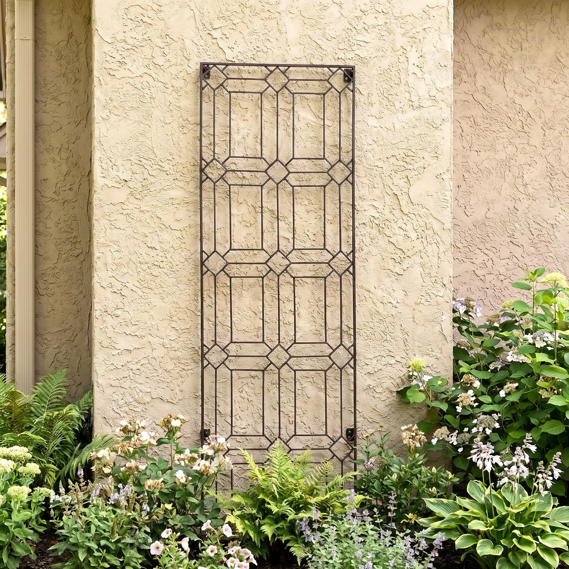 h potter metal garden diamond wall trellis on stucco house