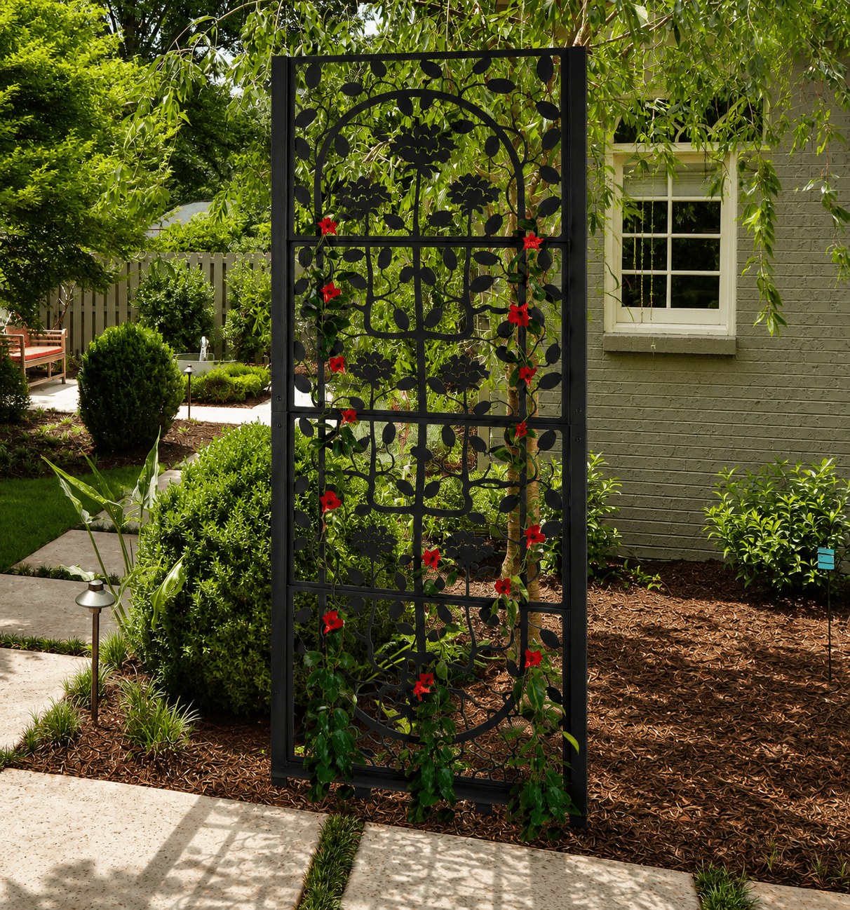 H Potter brand Decorative garden trellis with climbing plants and flowers in a garden setting.