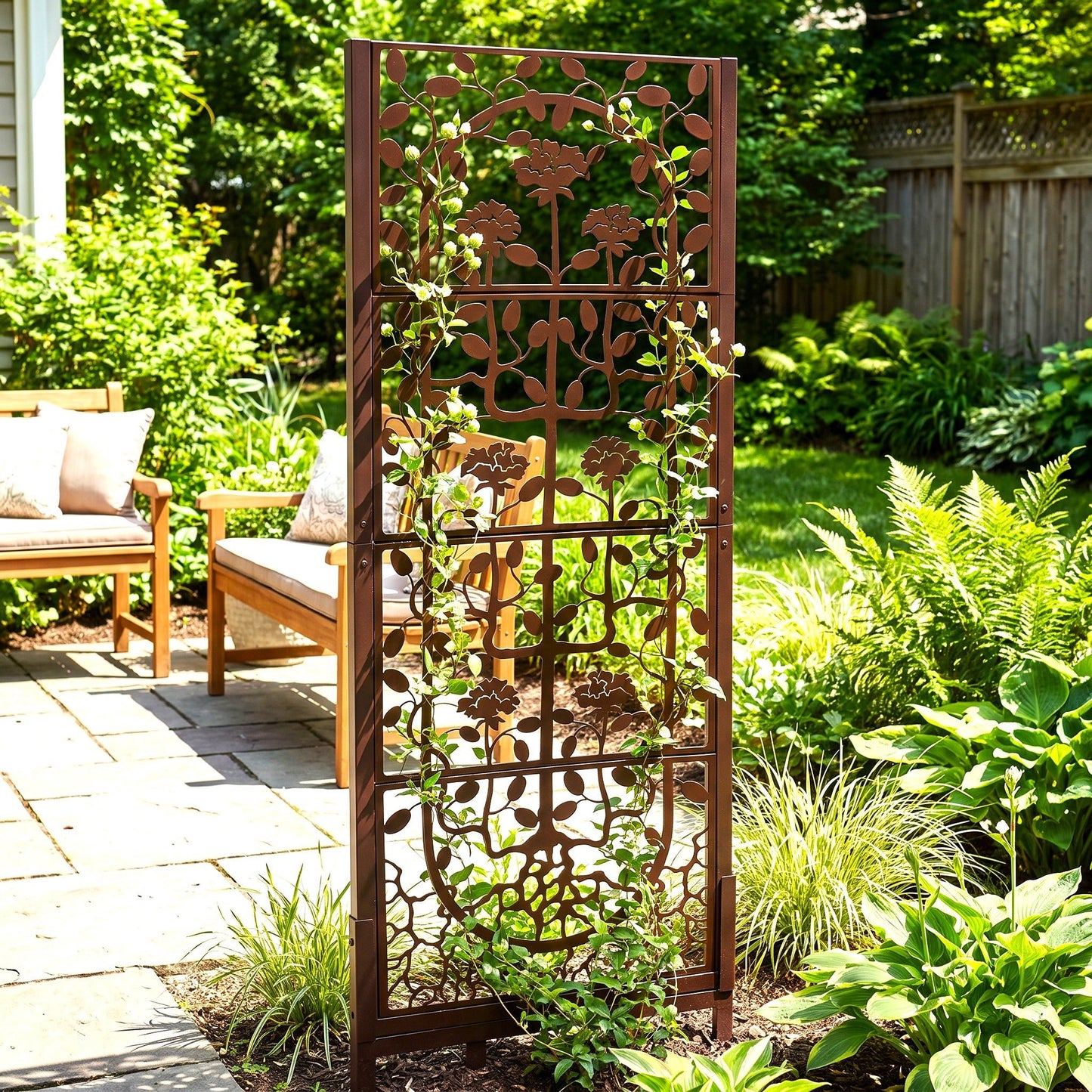 H Potter brand metal garden trellis screen with green plants in a backyard garden

