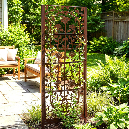 H Potter brand metal garden trellis screen with green plants in a backyard garden
