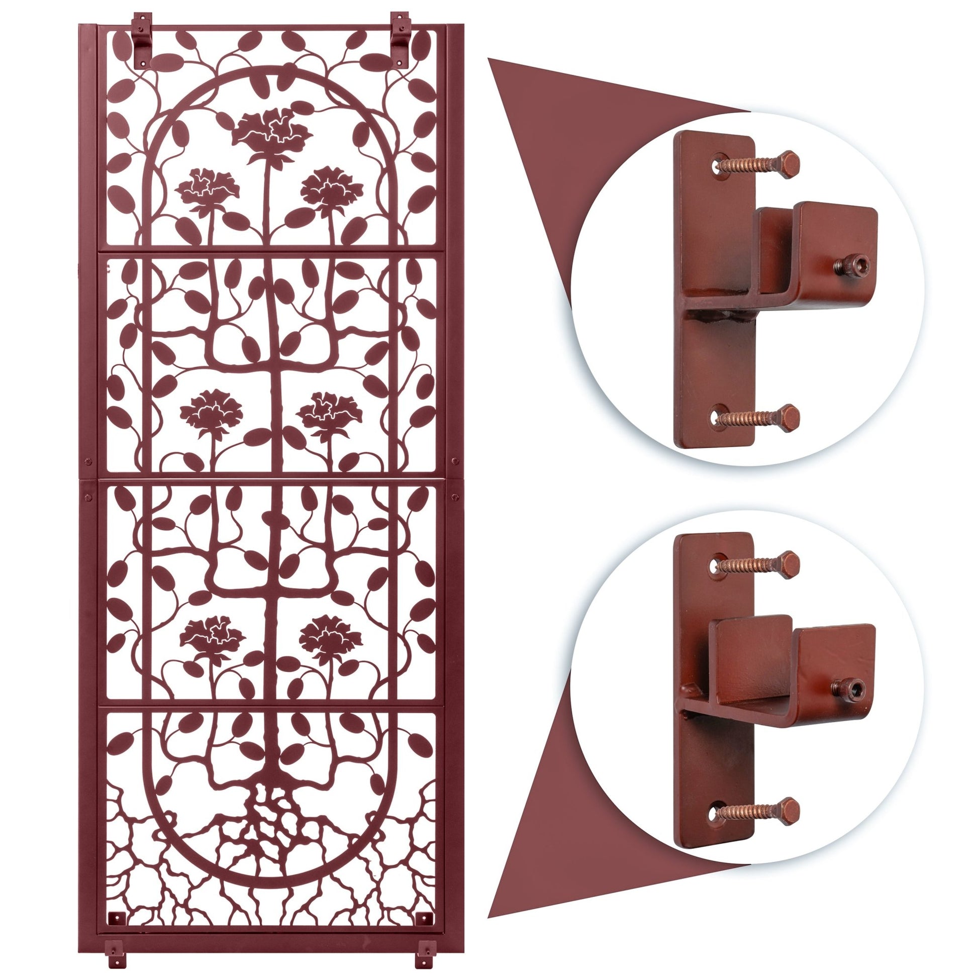 H Potter wall rose trellis with wall brackets, mahogany powder-coated finish, metal art privacy screen for patio or garden