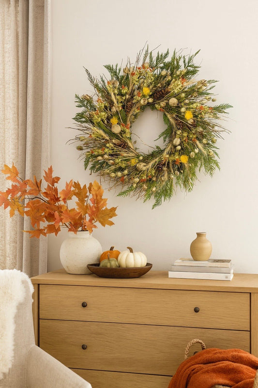 H Potter Autumn bramble wreath above side table—handmade H Potter dried mix: twigs, cedar, wheat, safflower, strawflowers.