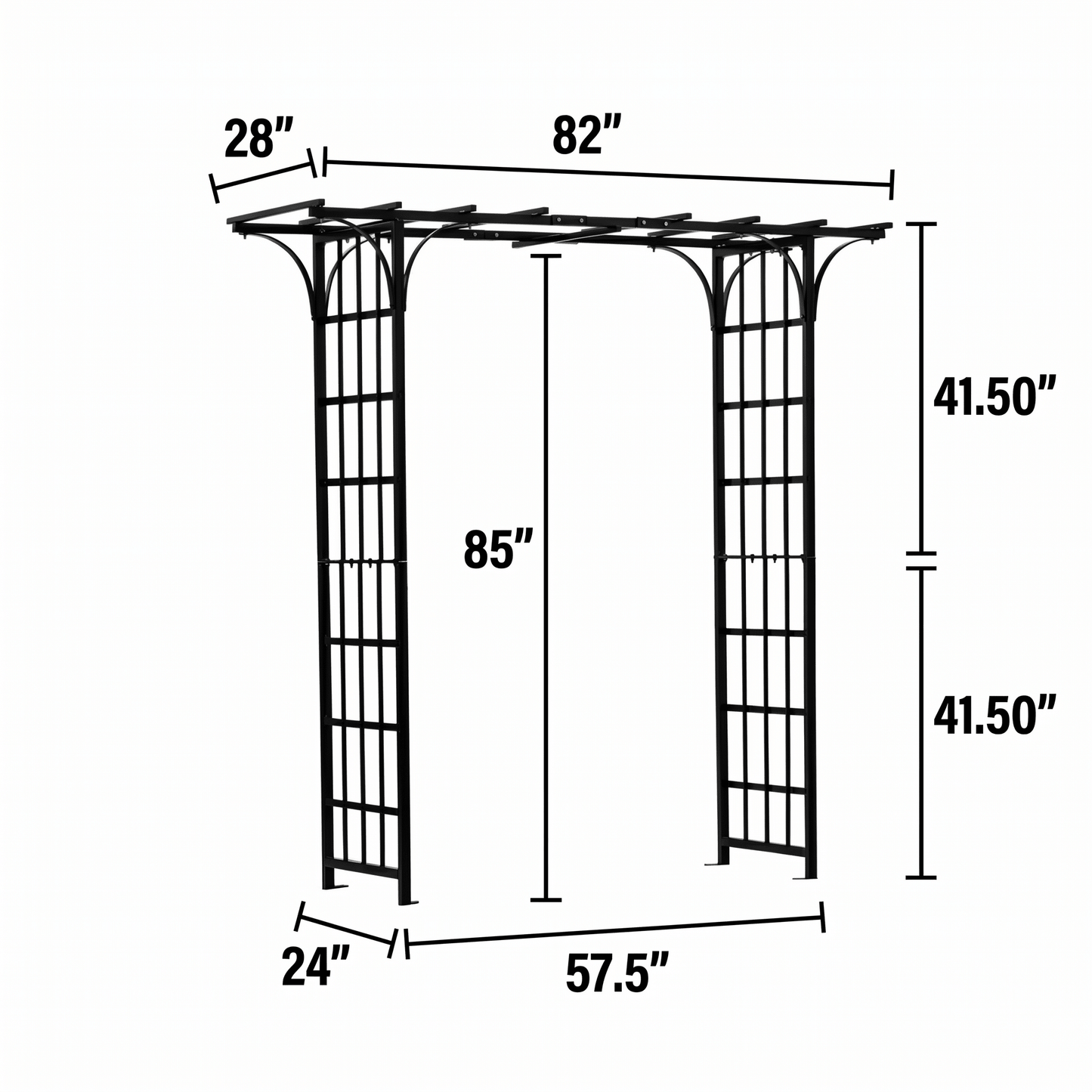 H POtter dimensions of a metal garden arch with measurements in inches.