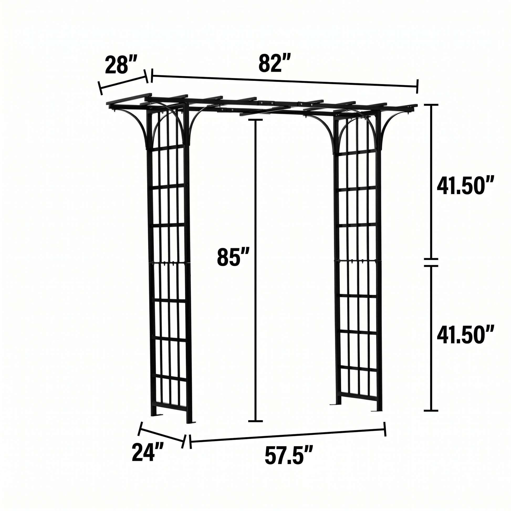 H POtter dimensions of a metal garden arch with measurements in inches.