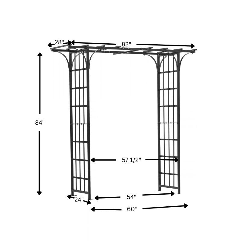 h potter Black metal arched trellis garden arch with dimension annotations showing height, width, and post measurements on a white background.