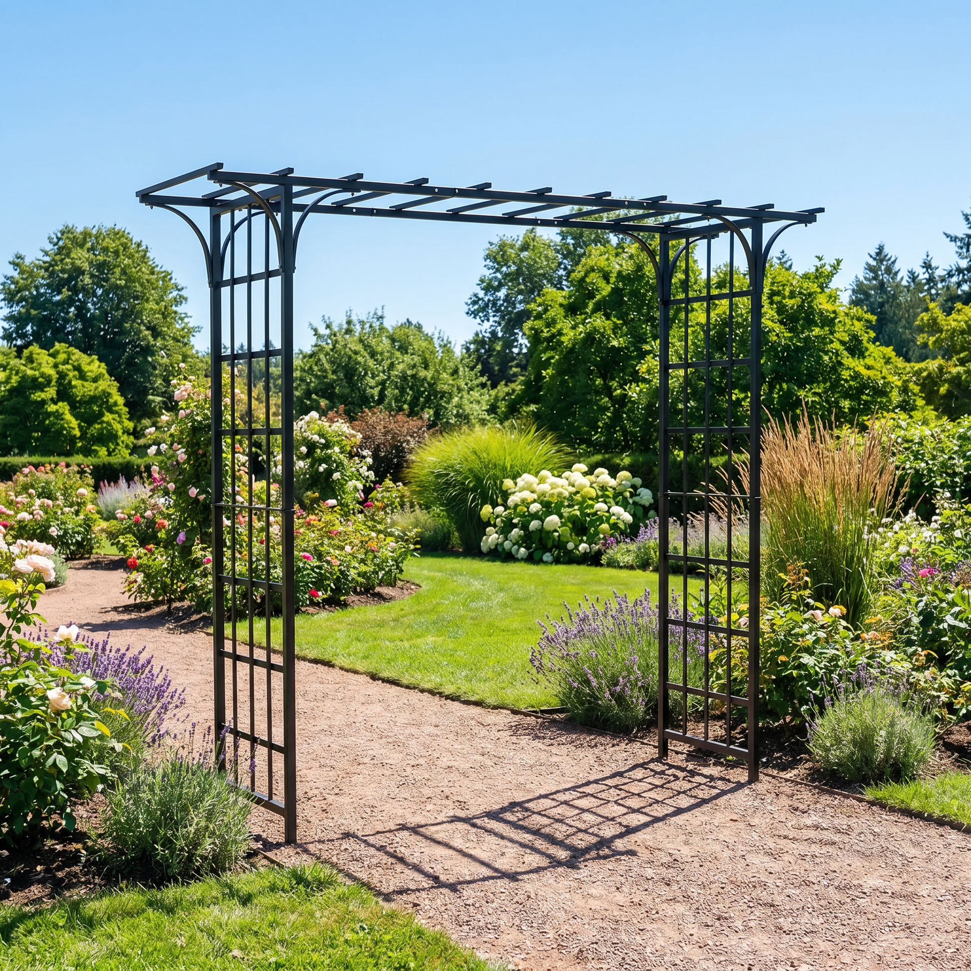 h potter Garden archway with a garden scene including flowers and trees.
