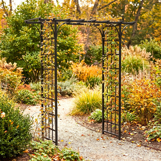 H Potter black metal garden archway with climbing ivy, situated on a gravel path in a lush autumn garden with orange and green foliage.