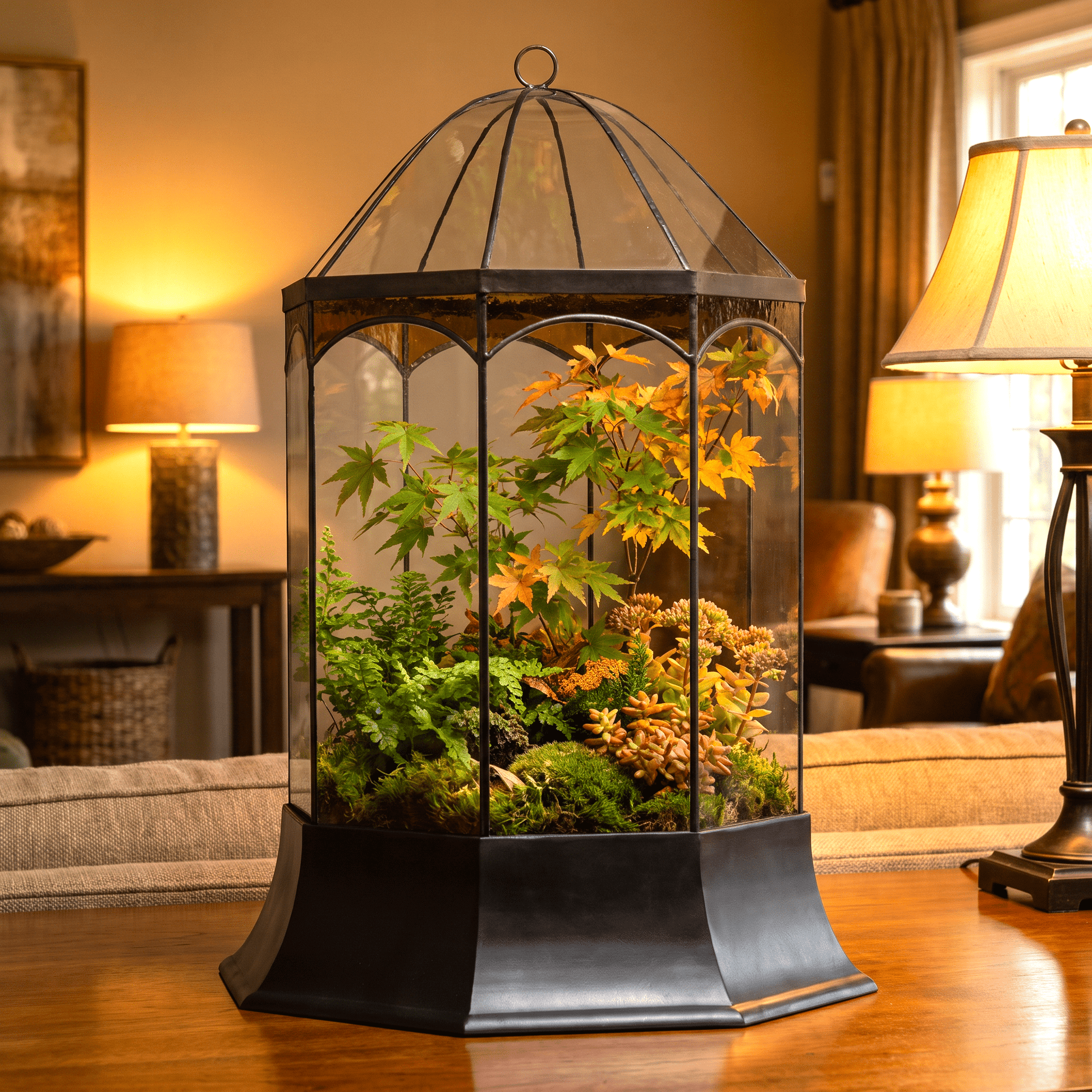 H Potter brand hexagonal glass terrarium filled with green and orange foliage, displayed on a wooden table in a warmly lit living room.