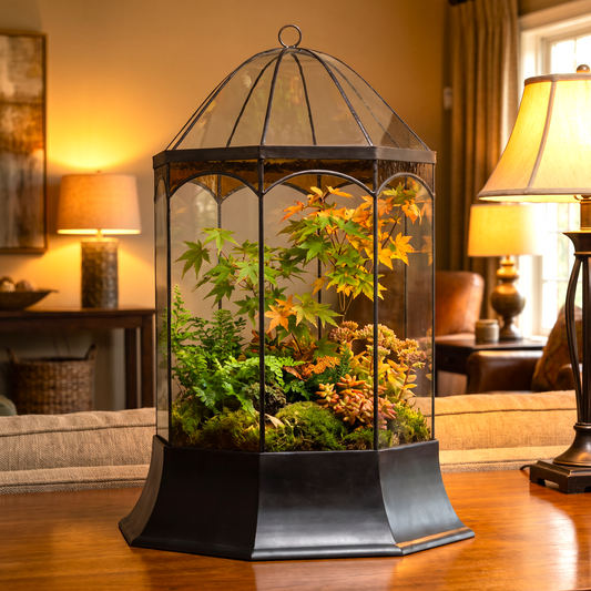 H Potter brand hexagonal glass terrarium filled with green and orange foliage, displayed on a wooden table in a warmly lit living room.