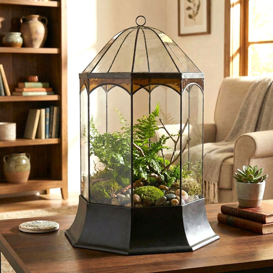 H Potter brand glass terrarium with plants on a wooden table in a cozy living room.