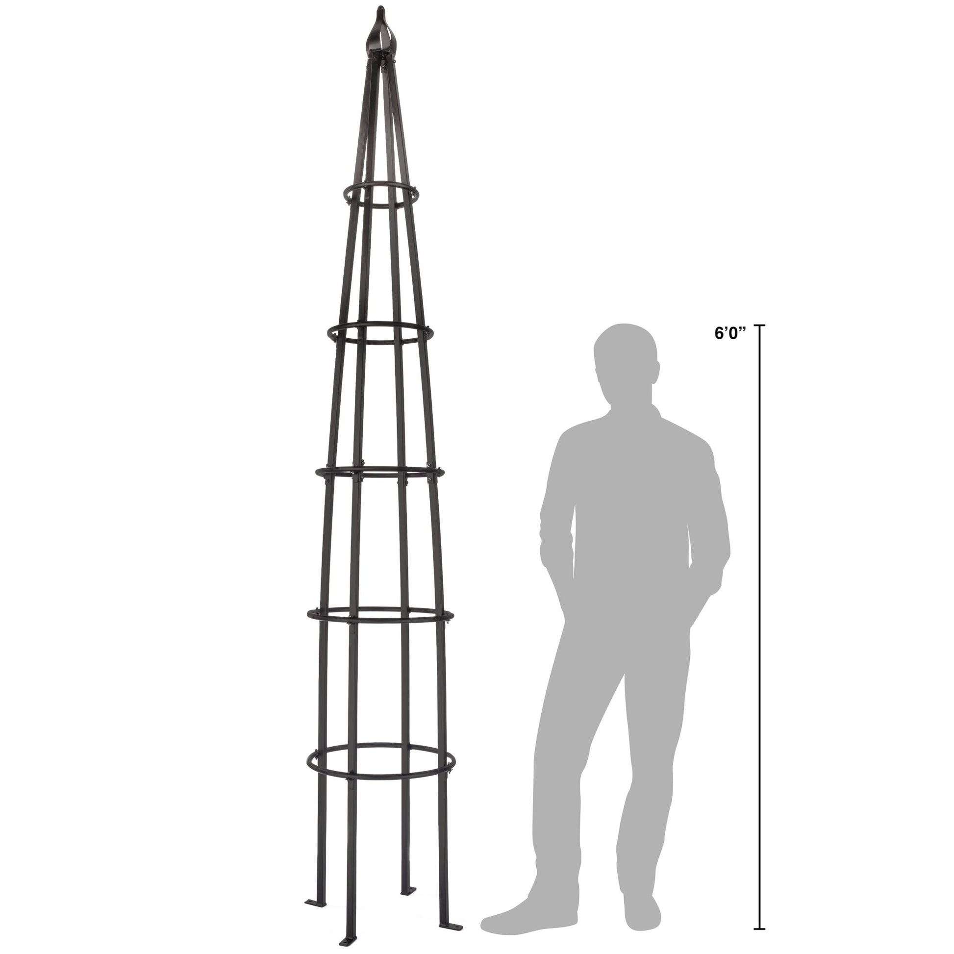 H Potter estate 10 foot black garden obelisk trellis shown next to person for scale