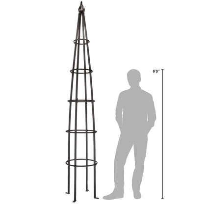 H Potter estate 10 foot black garden obelisk trellis shown next to person for scale
