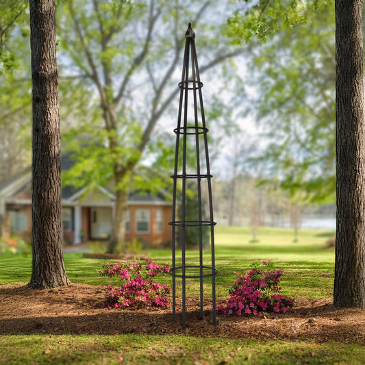 H Potter estate 10 foot black garden obelisk trellis creating dramatic vertical height in landscape